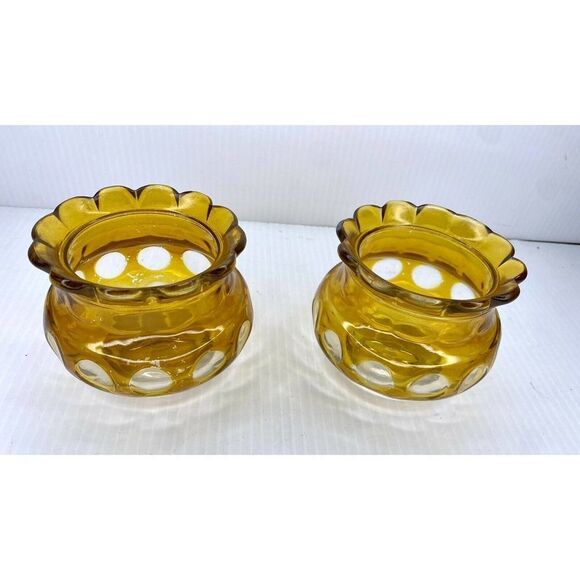 MID CENTURY MODERN CANDLE HOLDERS YELLOW SCALLOPED THUMBPRINT DESIGN - Picture 2 of 8